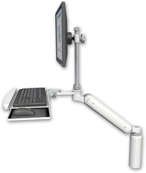 AccessMount™ Ultra 182 Heavy Duty Arm with EV710 monitor mount desk mount, a 7.5" riser, and a wrist-rest keyboard tray