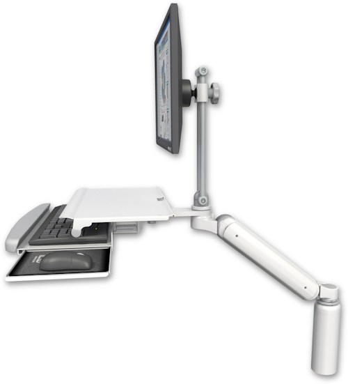 AccessMount™ Ultra 182 Arm with EV710 monitor mount desk mount, a 7.5" riser, and a work surface tray and slide-out keyboard tray