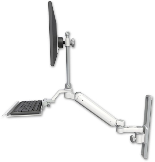 AccessMount™ Ultra 182 Arm with EV710 monitor mount mount on a 19" wall track slider, a 12" keyboard tray, and an 6" arm