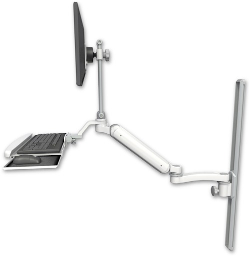 AccessMount™ Ultra 182 Arm with EV710 monitor mount mount on a 36" wall track slider, a wrist-rest keyboard tray, and an 11" arm
