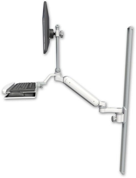 AccessMount™ Ultra 182 Arm with EV710 monitor mount mount on a 50" wall track slider, a wrist-rest keyboard tray, and an 6" arm
