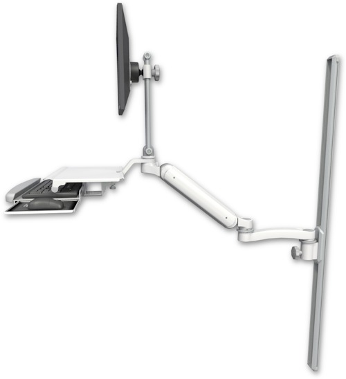 AccessMount™ Ultra 182 Arm with EV710 monitor mount mount on a 50" wall track slider, a work surface tray and slide-out keyboard tray, and an 11" arm