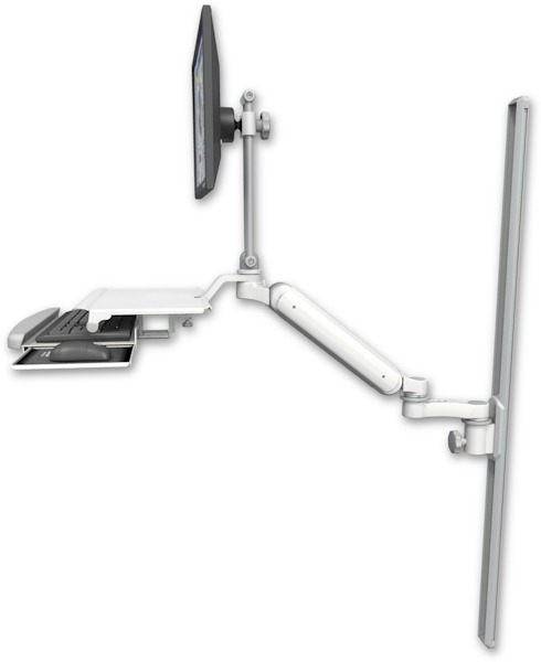 AccessMount™ Ultra 182 Arm with EV710 monitor mount mount on a 50" wall track slider, a work surface tray and slide-out keyboard tray, and an 6" arm