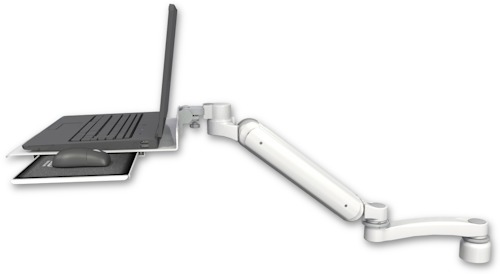 AccessMount™ Ultra 182 Heavy Duty Arm desk mount with a 1" riser Laptop tray, slider, and an 11" arm