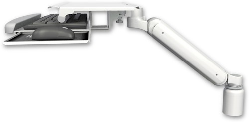AccessMount™ Ultra 182 Heavy Duty Arm desk mount with a 3" riser and a work surface tray and slide-out keyboard tray