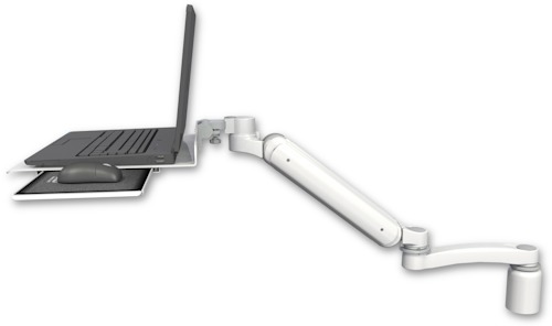 AccessMount™ Ultra 182 Heavy Duty Arm desk mount with a 3" riser Laptop tray, slider, and an 11" arm