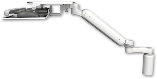 AccessMount™ Ultra 182 Heavy Duty Arm desk mount with a 5" riser, a work surface tray and slide-out keyboard tray, and an 6" arm