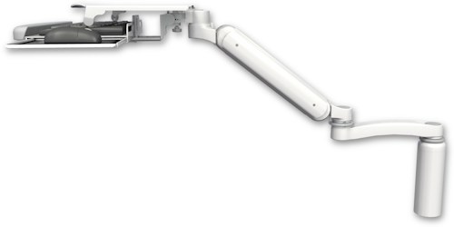 AccessMount™ Ultra 182 Heavy Duty Arm desk mount with a 7.5" riser, a work surface tray and slide-out keyboard tray, and an 11" arm