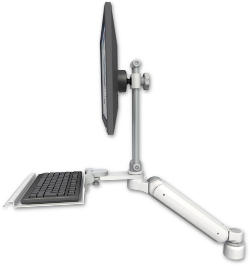 AccessMount™ Ultra 182 Arm with EV710 monitor mount desk mount, a 1" riser, and a 12" keyboard tray
