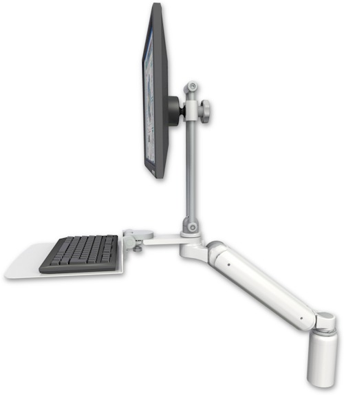 AccessMount™ Ultra 182 Arm with EV710 monitor mount desk mount, a 5" riser, and a 12" flat keyboard tray