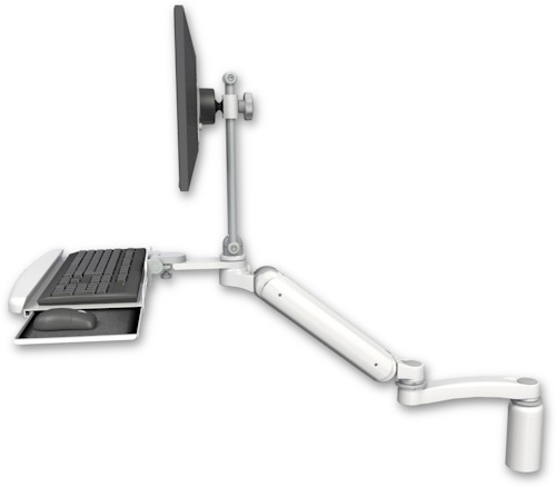 AccessMount™ Ultra 182 Arm with EV710 monitor mount desk mount, a 5" riser, a wrist-rest keyboard tray, and an 11" arm
