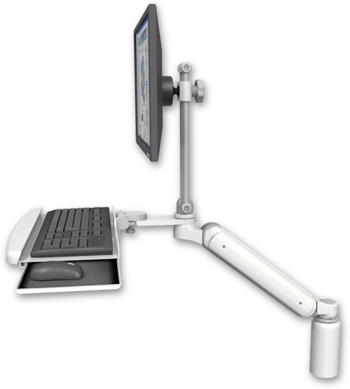 AccessMount™ Ultra 182 Arm with EV710 monitor mount desk mount, a 5" riser, and a wrist-rest keyboard tray
