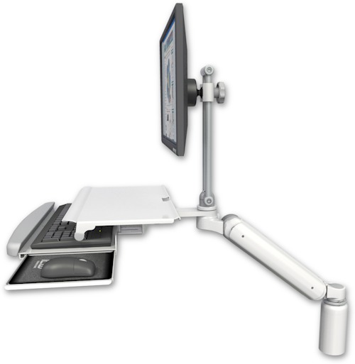 AccessMount™ Ultra 182 Arm with EV710 monitor mount desk mount, a 5" riser, and a work surface tray and slide-out keyboard tray