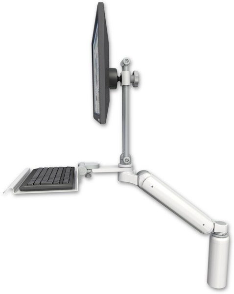 AccessMount™ Ultra 182 Arm with EV710 monitor mount desk mount, a 7.5" riser, and a 12" keyboard tray
