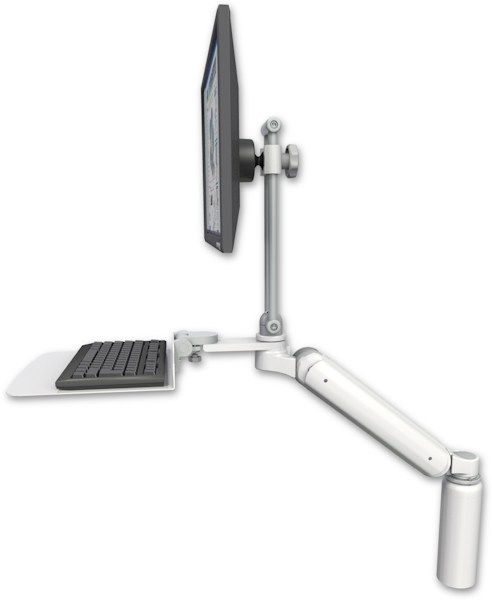 AccessMount™ Ultra 182 Arm with EV710 monitor mount desk mount, a 7.5" riser, and a 12" flat keyboard tray