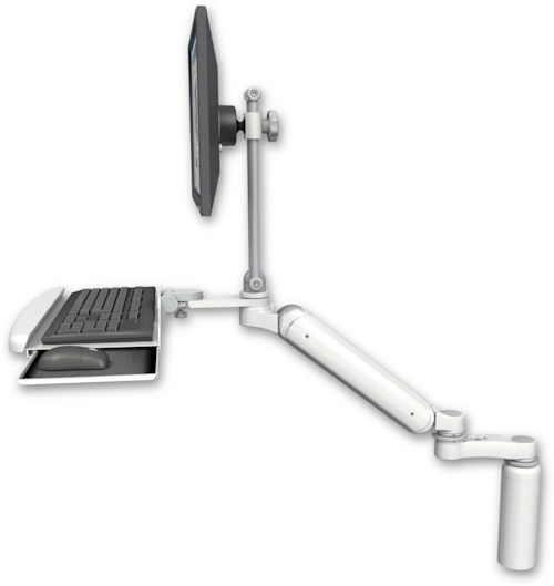 AccessMount™ Ultra 182 Arm with EV710 monitor mount desk mount, a 7.5" riser, a wrist-rest keyboard tray, and an 6" arm