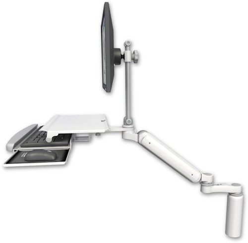 AccessMount™ Ultra 182 Arm with EV710 monitor mount desk mount, a 7.5" riser, a work surface tray and slide-out keyboard tray, and an 6" arm
