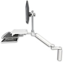 AccessMount™ Ultra 182 Arm with EV710 monitor mount desk mount, a 7.5" riser, a work surface tray and slide-out keyboard tray, and an 6" arm