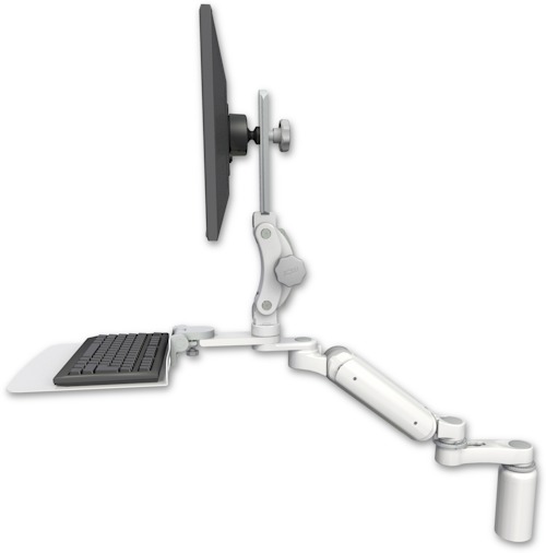 AccessMount™ Ultra 180 Arm with Paralink monitor mount desk mount, a 5" riser, a 12" flat keyboard tray, and an 6" arm