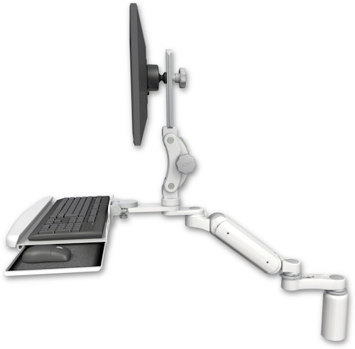 AccessMount™ Ultra 180 Arm with Paralink monitor mount desk mount, a 5" riser, a wrist-rest keyboard tray, and an 6" arm