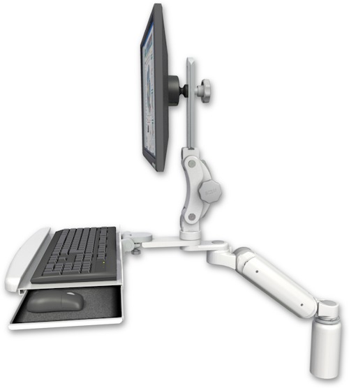 AccessMount™ Ultra 180 Arm with Paralink monitor mount desk mount, a 5" riser, and a wrist-rest keyboard tray