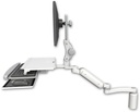 AccessMount™ Ultra 180 Arm with Paralink monitor mount desk mount, a 5" riser, a work surface tray and slide-out keyboard tray, and an 11" arm