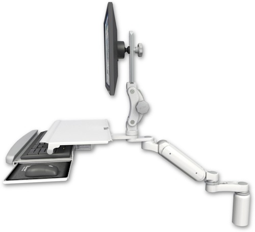 AccessMount™ Ultra 180 Arm with Paralink monitor mount desk mount, a 5" riser, a work surface tray and slide-out keyboard tray, and an 6" arm