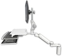 AccessMount™ Ultra 180 Arm with Paralink monitor mount desk mount, a 5" riser, a work surface tray and slide-out keyboard tray, and an 6" arm