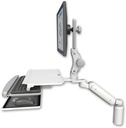 AccessMount™ Ultra 180 Arm with Paralink monitor mount desk mount, a 5" riser, and a work surface tray and slide-out keyboard tray