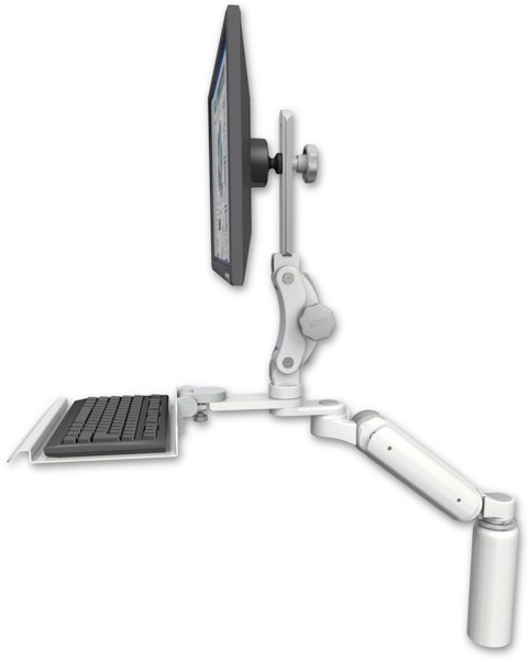 AccessMount™ Ultra 180 Arm with Paralink monitor mount desk mount, a 7.5" riser, and a 12" keyboard tray