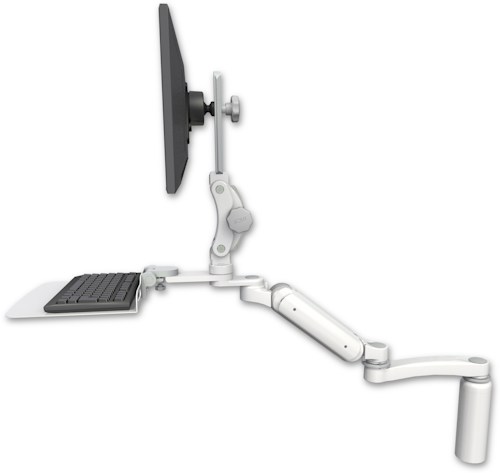 AccessMount™ Ultra 180 Arm with Paralink monitor mount desk mount, a 7.5" riser, a 12" flat keyboard tray, and an 11" arm