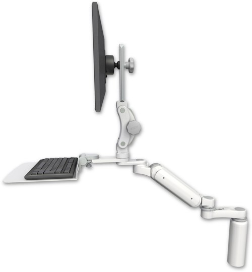 AccessMount™ Ultra 180 Arm with Paralink monitor mount desk mount, a 7.5" riser, a 12" flat keyboard tray, and an 6" arm