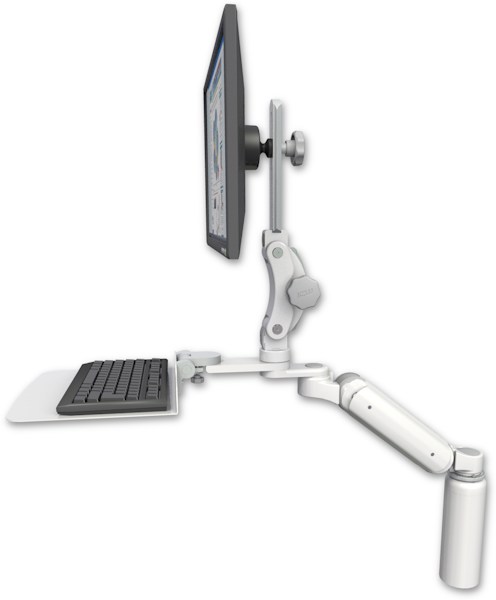 AccessMount™ Ultra 180 Arm with Paralink monitor mount desk mount, a 7.5" riser, and a 12" flat keyboard tray
