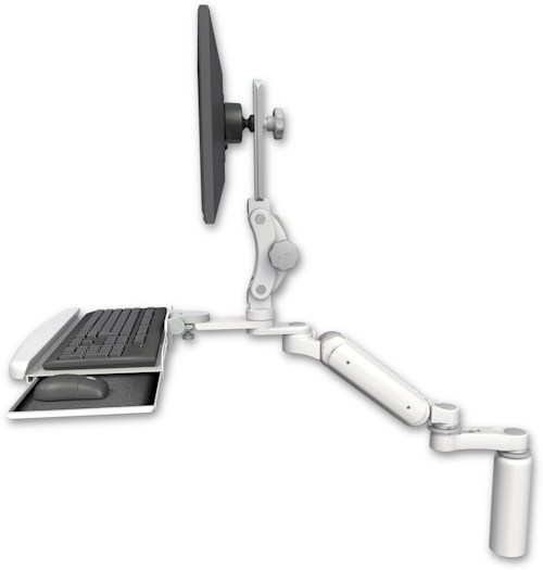 AccessMount™ Ultra 180 Arm with Paralink monitor mount desk mount, a 7.5" riser, a wrist-rest keyboard tray, and an 6" arm