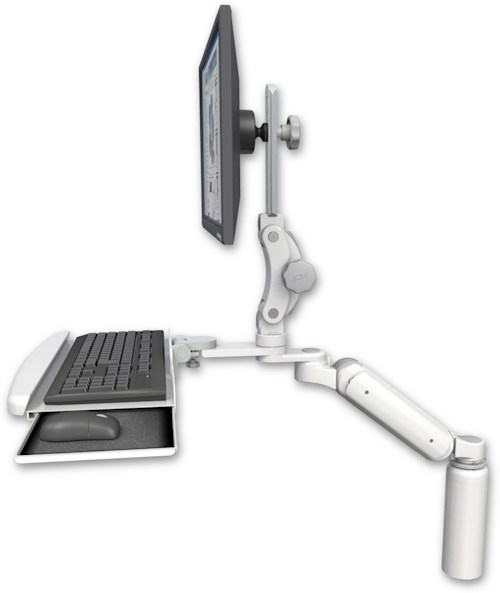 AccessMount™ Ultra 180 Arm with Paralink monitor mount desk mount, a 7.5" riser, and a wrist-rest keyboard tray