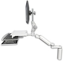 AccessMount™ Ultra 180 Arm with Paralink monitor mount desk mount, a 7.5" riser, a work surface tray and slide-out keyboard tray, and an 6" arm