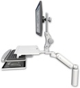 AccessMount™ Ultra 180 Arm with Paralink monitor mount desk mount, a 7.5" riser, and a work surface tray and slide-out keyboard tray