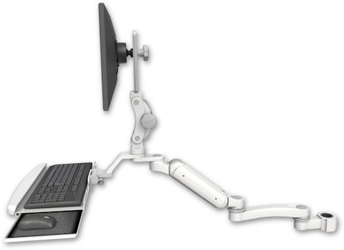 AccessMount™ Ultra 180 Arm with Paralink monitor mount mount for a 1.5" pole, a wrist-rest keyboard tray, and an 11" arm