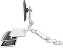 AccessMount™ Ultra 180 Arm with Paralink monitor mount mount for a 2" pole, a work surface tray and slide-out keyboard tray, and an 6" arm