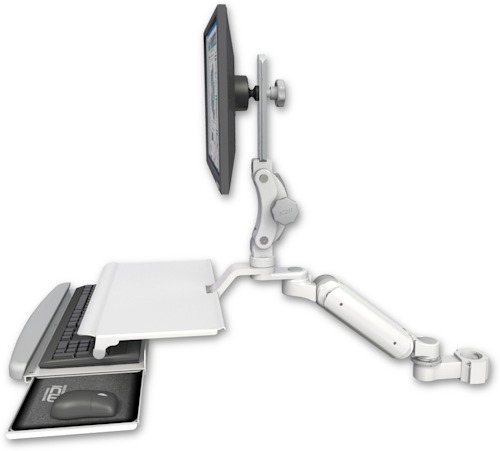 AccessMount™ Ultra 180 Arm with Paralink monitor mount mount for a 2" pole and a work surface tray and slide-out keyboard tray