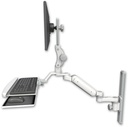 AccessMount™ Ultra 180 Arm with Paralink monitor mount mount on a 19" wall track slider, a wrist-rest keyboard tray, and an 6" arm