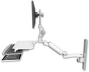 AccessMount™ Ultra 180 Arm with Paralink monitor mount mount on a 19" wall track slider, a work surface tray and slide-out keyboard tray, and an 11" arm