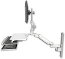 AccessMount™ Ultra 180 Arm with Paralink monitor mount mount on a 19" wall track slider, a work surface tray and slide-out keyboard tray, and an 6" arm