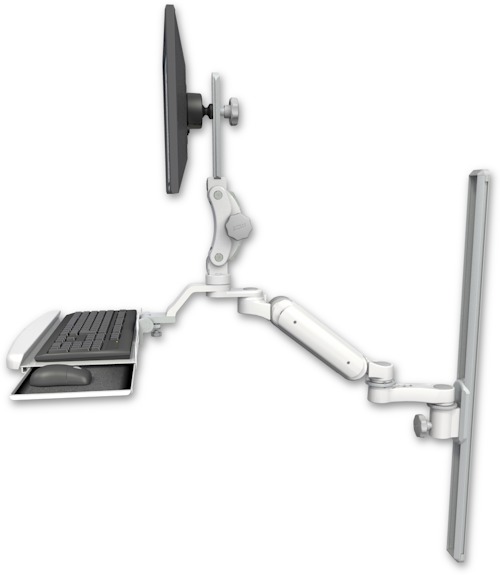 AccessMount™ Ultra 180 Arm with Paralink monitor mount mount on a 36" wall track slider, a wrist-rest keyboard tray, and an 6" arm