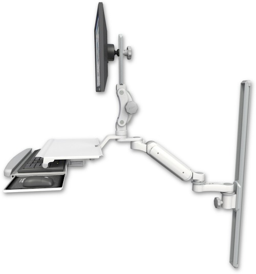 AccessMount™ Ultra 180 Arm with Paralink monitor mount mount on a 36" wall track slider, a work surface tray and slide-out keyboard tray, and an 6" arm