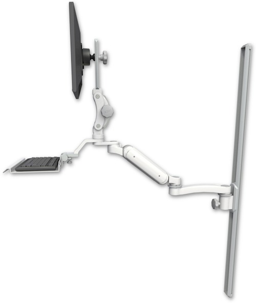 AccessMount™ Ultra 180 Arm with Paralink monitor mount mount on a 50" wall track slider, a 12" keyboard tray, and an 11" arm