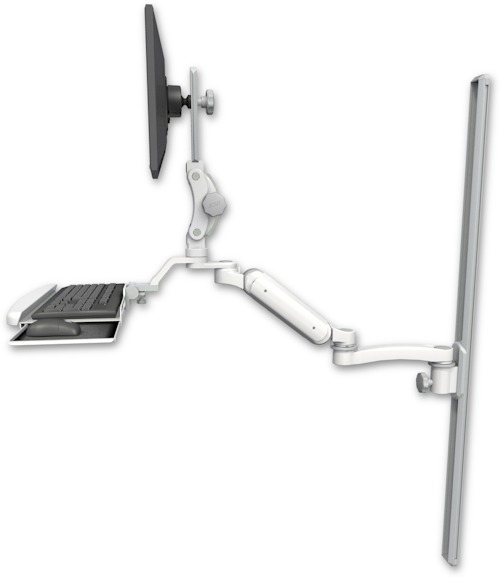 AccessMount™ Ultra 180 Arm with Paralink monitor mount mount on a 50" wall track slider, a wrist-rest keyboard tray, and an 11" arm