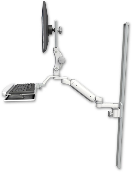AccessMount™ Ultra 180 Arm with Paralink monitor mount mount on a 50" wall track slider, a wrist-rest keyboard tray, and an 6" arm
