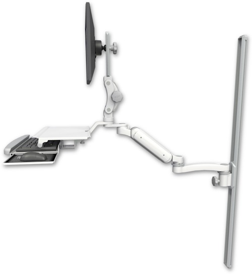 AccessMount™ Ultra 180 Arm with Paralink monitor mount mount on a 50" wall track slider, a work surface tray and slide-out keyboard tray, and an 11" arm