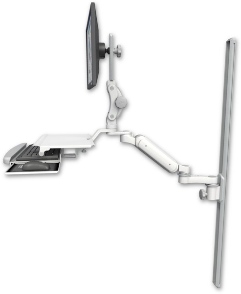 AccessMount™ Ultra 180 Arm with Paralink monitor mount mount on a 50" wall track slider, a work surface tray and slide-out keyboard tray, and an 6" arm